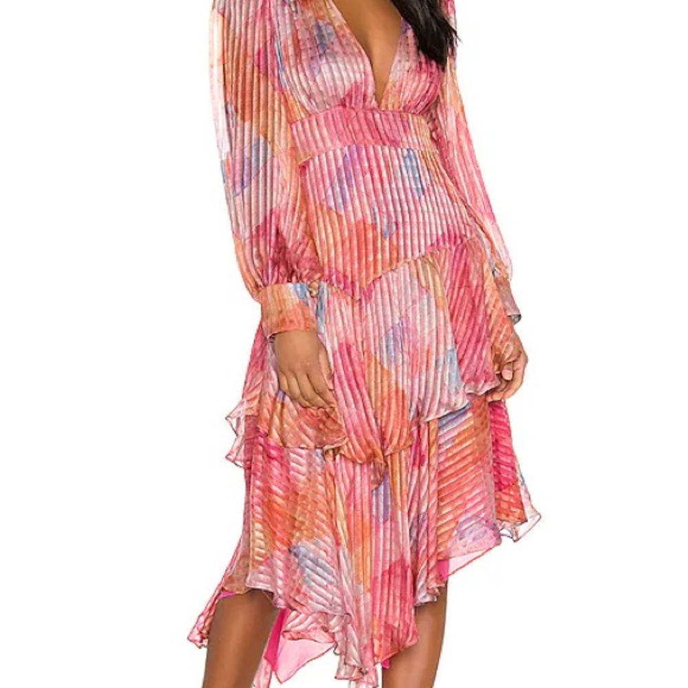 LoveShackFancy Pink and Orange Asymmetrical Ruffled Midi Dress
